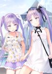  2girls bag bare_shoulders black_neckwear black_ribbon clouds commentary_request day dress euryale eye_contact fate/grand_order fate_(series) fountain hair_ribbon handbag highres holding_hand long_hair looking_at_another multiple_girls nanotaro neck_ribbon outdoors pixiv_fate/grand_order_contest_2 purple_hair purple_skirt ribbon shirt short_dress short_sleeves skirt smile stheno twintails very_long_hair violet_eyes white_dress white_ribbon 