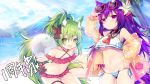  2girls :d animal_ears arm_up ascot azur_lane bangs bare_shoulders bikini black_bow black_sailor_collar blue_sky blurry blurry_background blush bow breasts brown_jacket clouds commentary_request crop_top crop_top_overhang day depth_of_field eyebrows_visible_through_hair eyewear_on_head fang flower green_eyes green_hair hair_between_eyes hair_bow hair_flower hair_ornament isokaze_(azur_lane) jacket lifebuoy medium_breasts mountain multiple_girls open_clothes open_jacket open_mouth outdoors parted_lips pink_bikini purple_hair red-framed_eyewear red_flower red_neckwear sailor_collar see-through shirt sky sleeveless sleeveless_shirt smile striped striped_bikini_bottom sunglasses swimsuit tail thick_eyebrows urakaze_(azur_lane) utm violet_eyes white_flower white_shirt 