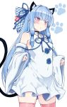  1girl animal_ears bangs bare_shoulders bell bell_collar blue_eyes blue_hair blunt_bangs blush bow cat_ears cat_tail collar covered_navel detached_sleeves dress eyelashes hair_bow hair_ribbon highres kotonoha_aoi long_hair null_(nyanpyoun) pink_legwear red_eyes ribbon sleeveless sleeveless_dress solo tail thigh-highs voiceroid white_background wide_sleeves 