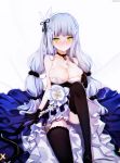  1girl arm_support bangs black_gloves black_legwear blue_dress blush braid breasts cleavage closed_mouth commentary_request dress dyolf eyebrows_visible_through_hair facial_mark feet_out_of_frame flower girls_frontline gloves green_eyes hair_ornament hairband hand_up highres hk416_(girls_frontline) large_breasts long_hair looking_at_viewer nose_blush silver_hair sitting solo thigh-highs very_long_hair white_background white_flower white_hairband 