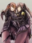  2girls armband ass bangs black_gloves black_legwear black_ribbon blush breasts brown_eyes brown_hair closed_mouth commentary_request crotch_seam eyebrows_visible_through_hair fingerless_gloves girls_frontline gloves hair_between_eyes hair_ornament hairclip highres holding_another&#039;s_hair hood hood_down hooded_jacket jacket lifted_by_another long_hair looking_at_viewer medium_breasts mizukamakiri multiple_girls neck_ribbon one_side_up open_mouth panties pantyhose pleated_skirt ribbon scar scar_across_eye shirt sisters skirt skirt_lift smile thigh_strap twins twintails ump45_(girls_frontline) ump9_(girls_frontline) underwear white_shirt yellow_eyes 
