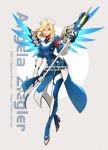  1girl beret blonde_hair character_name combat_medic_ziegler eyebrows_visible_through_hair eyes_visible_through_hair full_body hat highres looking_at_viewer mechanical_wings medium_hair mercy_(overwatch) overwatch smile solo staff wings ziyo_ling 