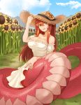  1girl :d bare_shoulders breasts cleavage commission day dress field flower flower_field hair_between_eyes hand_on_headwear hand_on_hip hat hat_removed headwear_removed highres jewelry lamia large_breasts long_hair miia_(monster_musume) monster_girl monster_musume_no_iru_nichijou open_mouth outdoors puffy_short_sleeves puffy_sleeves redhead ring scales short_sleeves sitting slit_pupils smile solo sookmo sundress sunflower wedding_band white_dress yellow_eyes 