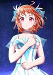 1girl ahoge blush buckle_(artist) choker clenched_hands collarbone hand_on_own_chest headdress highres looking_at_viewer love_live! love_live!_sunshine!! orange_hair parted_lips red_eyes see-through short_hair sky solo star_(sky) starry_sky takami_chika upper_body v-shaped_eyebrows water_blue_new_world 