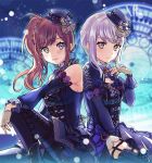  2girls bang_dream! bare_shoulders between_legs blurry blurry_background blush boots breasts brown_eyes brown_hair cleavage closed_mouth commentary depth_of_field detached_sleeves fingerless_gloves fingernails fishnet_gloves fishnets flower gloves hair_ornament hair_scrunchie hand_between_legs hand_up hat imai_lisa juliet_sleeves long_hair long_sleeves looking_at_viewer minato_yukina mini_hat multiple_girls orange_scrunchie parted_lips pink_flower pink_rose pleated_skirt puffy_long_sleeves puffy_sleeves purple_flower purple_footwear purple_hat purple_legwear purple_rose purple_shirt purple_skirt roman_numerals rose scrunchie shirt side_ponytail silver_hair sitting skirt sleeveless sleeveless_shirt small_breasts smile thigh-highs thigh_boots tiny_(tini3030) 