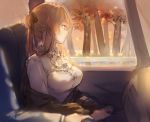  1boy 1girl alternate_costume artist_request bangs blush breasts brown_hair car_interior dress driving dust_particles evening eyebrows_visible_through_hair girls_frontline green_eyes hair_between_eyes hair_ribbon hair_rings hands_on_lap large_breasts long_hair looking_out_window m1903_springfield_(girls_frontline) orange_sky ponytail ribbon sidelocks sitting sky sunset tree white_dress 