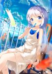  1girl animal bangs bare_arms bare_shoulders blue_eyes blue_sky blurry blurry_background blurry_foreground blush chair chinomaron clouds collarbone commentary_request day depth_of_field detached_sleeves dress eyebrows_visible_through_hair fingernails fish gochuumon_wa_usagi_desu_ka? hair_ornament highres kafuu_chino long_hair on_chair outdoors purple_hair railing signature sitting sky sleeveless sleeveless_dress solo very_long_hair white_dress wind_chime x_hair_ornament 