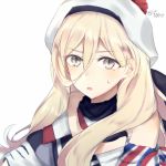  beret blonde_hair eyebrows_visible_through_hair folte grey_eyes hair_between_eyes hat kantai_collection long_hair looking_at_viewer lowres multicolored multicolored_clothes multicolored_scarf open_mouth pom_pom_(clothes) richelieu_(kantai_collection) scarf twitter_username 