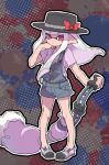  1girl black_hat bow calligraphy_brush coveralls cross-laced_footwear domino_mask hand_in_hair hat hat_bow holding holding_weapon inkbrush_(splatoon) inkling kitaru_(mabo_f) light_frown long_hair mask paintbrush pointy_ears print_shirt purple_footwear purple_hair purple_shirt red_bow shirt shoes short_coveralls short_sleeves sidelocks solo splatoon splatoon_2 strap_slip t-shirt tentacle_hair violet_eyes weapon 