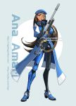  1girl ana_(overwatch) beret brown_eyes brown_hair captain_amari character_name coat dark_skin facial_tattoo full_body gun hat highres long_hair looking_at_viewer overwatch rifle smile sniper_rifle solo tattoo very_long_hair weapon younger ziyo_ling 