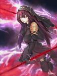  1girl asurada_yui bodysuit breasts dual_wielding fate/grand_order fate_(series) gae_bolg gem high_heels highres holding holding_weapon lightning long_hair looking_at_viewer pauldrons pixiv_fate/grand_order_contest_2 polearm purple_bodysuit purple_hair red_eyes scathach_(fate/grand_order) shoulder_armor skin_tight spear veil very_long_hair weapon 