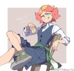  1girl amanda_o&#039;neill arikindows10 artist_name chair character_name collared_shirt crossed_legs cup green_eyes grey_background holding holding_cup little_witch_academia long_sleeves looking_at_viewer luna_nova_school_uniform multicolored_hair open_mouth orange_hair pleated_skirt redhead school_uniform shirt shoes short_hair sitting skirt smug sneakers solo teeth twitter_username two-tone_background two-tone_hair wand white_background white_shirt wooden_chair 
