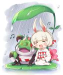  :d agung_syaeful_anwar animal_ears bangs blunt_bangs blush_stickers braid closed_eyes commentary commentary_request english_commentary eyebrows_visible_through_hair facing_viewer flower frog highres japanese_clothes kimono leaf lily_pad long_sleeves minigirl musical_note obi onmyoji open_mouth rabbit rabbit_ears rain red_flower sash seiza shikigami short_hair sitting smile white_kimono yamausagi 