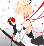  1girl apple bangs bare_shoulders black_gloves blonde_hair breasts closed_eyes collar dress floating_hair food from_side fruit gloves hair_between_eyes hair_ornament hair_ribbon highres holding holding_fruit jacket large_breasts off_shoulder original partly_fingerless_gloves petals red_string ribbon ruby_(stone) shattered short_hair sidelocks sonaworld string tearing_up tears white_jacket wind wind_lift 