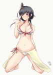  1girl bikini black_hair breasts cleavage collarbone commentary_request hair_ornament hazuki_futahi kantai_collection kneeling large_breasts light_blush navel pointing pointing_at_self red_eyes sarong short_hair side-tie_bikini solo swimsuit white_bikini yamashiro_(kantai_collection) 