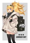  1girl :o backpack bag black_legwear blonde_hair blue_eyes character_doll character_name coat escort_water_hime gambier_bay_(kantai_collection) hair_ornament hairband itsuwa_(continue) kantai_collection long_hair penguin_hair_ornament side_ponytail solo thigh-highs 