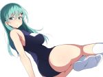  1girl aqua_hair arm_support ass blue_eyes blush breasts closed_mouth hair_between_eyes hair_ornament hairclip highres kantai_collection large_breasts long_hair looking_at_viewer nel-c school_swimsuit sideboob simple_background sitting socks solo suzuya_(kantai_collection) swimsuit twisted_torso white_background white_border white_legwear 