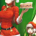 2girls bad_link bell belt breasts brown_eyes brown_hair cake cake_slice dress eating flying_sweatdrops food food_on_face fork hat highres holding holding_plate jun_(seojh1029) large_breasts multiple_girls neck_bell open_mouth original out_of_frame plate red_sweater ribbed_sweater santa_costume santa_hat siblings sisters smile sparkling_eyes star_(symbol) sweater sweater_dress 