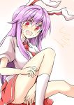  1girl aki_chimaki animal_ears bangs blouse blush bobby_socks collared_blouse collared_shirt covering covering_crotch highres lavender_hair long_hair looking_at_viewer necktie pink_skirt pleated_skirt puffy_short_sleeves puffy_sleeves purple_hair rabbit_ears red_eyes red_neckwear reisen_udongein_inaba shirt short_sleeves skirt socks solo touhou very_long_hair wavy_mouth white_blouse white_legwear 