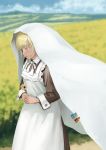  1girl apron bed_sheet blonde_hair blurry clothes_pin depth_of_field flower highres holding holding_flower maid maid_apron monono_fumeme original outdoors solo yellow_eyes 