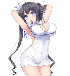  1girl armpits arms_behind_head arms_up black_hair blue_eyes blue_ribbon blush breasts cleavage_cutout covered_navel dress dungeon_ni_deai_wo_motomeru_no_wa_machigatteiru_darou_ka hair_lift hair_ribbon hasu_(hk_works) hestia_(danmachi) large_breasts long_hair mouth_hold rei_no_himo ribbon short_dress simple_background sleeveless sleeveless_dress solo twintails white_background white_dress 