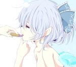 1girl applying_makeup blue_hair bow cirno closed_eyes hair_bow ice ice_wings inasa_orange lipstick lipstick_tube makeup open_mouth pointy_ears profile purple_lipstick short_hair topless touhou wings 