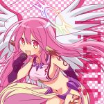  1girl :d angel_wings breasts character_name crop_top cross feathered_wings gloves gradient_eyes halo highres jibril_(no_game_no_life) large_breasts long_hair looking_at_viewer low_wings magic_circle microphone midriff multicolored multicolored_eyes music navel no_game_no_life open_mouth pink_hair red_eyes sideboob singing smile solo stomach symbol-shaped_pupils tattoo very_long_hair white_wings wing_ears wings yellow_eyes yuiti43 