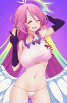  1girl angel_wings anna_lee arm_behind_head breasts closed_eyes feathered_wings gloves gradient_hair halo jibril_(no_game_no_life) large_breasts long_hair low_wings magic_circle midriff multicolored_hair navel no_game_no_life open_mouth panties pink_hair smile solo stomach underwear v very_long_hair white_panties white_wings wing_ears wings 
