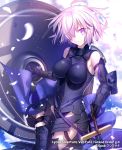  1girl :o armor armored_boots armored_dress bare_shoulders black_legwear boots clouds cloudy_sky elbow_gloves eyebrows_visible_through_hair fate/grand_order fate_(series) gloves hair_over_one_eye highres holding holding_sword holding_weapon looking_at_viewer mash_kyrielight petals purple_gloves purple_hair sheath sheathed shield shinooji short_hair sky solo sword thigh_strap violet_eyes weapon 