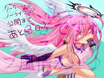  1girl angel_wings breasts crop_top feathered_wings gloves halo highres jibril_(no_game_no_life) large_breasts long_hair looking_at_viewer low_wings magic_circle midriff mismatched_legwear mouth_hold no_game_no_life pink_hair shoes sideboob single_shoe smile solo tattoo very_long_hair white_wings wing_ears wings yellow_eyes yuiti43 