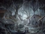  barrel commentary_request crate forest highres horror_(theme) lantern nature no_humans official_art outdoors ruins scenery seisen_cerberus silk spider_web town tree watermark well z.dk 