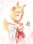  1girl absurdres animal_ears bangs bell bird blonde_hair collar collarbone flower fox_ears fox_tail green_eyes hair_flower hair_ornament highres japanese_clothes jerry3912 kimono off_shoulder original red_flower short_hair solo tail upper_body white_background white_kimono 