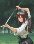  1girl aro_(charged_time_out) bangs brown_hair dougi facing_to_the_side focused green_eyes hair_between_eyes hair_tie hakama hand_on_sword holding holding_sword holding_weapon japanese_clothes katana long_hair looking_at_viewer nature original outdoors parted_bangs parted_lips ponytail scabbard sheath sidelocks sleeves_rolled_up solo stance standing sword tree unsheathed upper_body weapon 