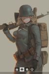  1girl ammunition_pouch backpack bag battlefield_(series) battlefield_1 belt bk-201xwz black_gloves blonde_hair covered_eyes crutch gloves gun helmet highres holding holding_gun holding_weapon long_hair looking_at_viewer military military_uniform over_shoulder pouch rifle smile solo tan_background uniform utility_belt weapon weapon_over_shoulder 