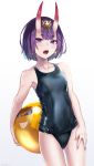  1girl arm_behind_back artist_name ball bangs beachball bob_cut breasts commentary_request earrings eyeshadow fang fate/grand_order fate_(series) gradient gradient_background hair_ornament hand_on_own_leg highres holding horns jewelry looking_at_viewer makeup multicolored multicolored_nails nail_polish one-piece_swimsuit oni_horns open_mouth purple_hair purple_nails school_swimsuit short_hair shuten_douji_(fate/grand_order) small_breasts solo standing swimsuit thick_eyebrows upper_teeth violet_eyes yellow_nails yukihama 