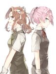  2girls blouse blue_eyes brown_hair chibirisu gloves green_ribbon grey_skirt grey_vest highres kagerou_(kantai_collection) kantai_collection long_hair multiple_girls open_mouth pink_hair pleated_skirt ponytail remodel_(kantai_collection) ribbon shiranui_(kantai_collection) short_hair short_sleeves simple_background skirt smile twintails vest violet_eyes white_background white_blouse white_gloves white_ribbon 