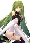  1girl bangs bare_shoulders c.c. closed_mouth code_geass commentary_request covering detached_sleeves eyebrows_visible_through_hair green_hair highres knees_together_feet_apart long_hair one_eye_closed shinooji simple_background sitting solo thigh-highs very_long_hair white_background white_legwear yellow_eyes 