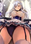  1girl azur_lane bangs belfast_(azur_lane) black_panties blush bouquet bow bow_panties braid breasts chains collar cowboy_shot flower french_braid from_below garter_straps gloves grey_eyes inside kanzaki_kureha large_breasts lifted_by_self long_hair looking_at_viewer maid maid_headdress panties parted_bangs petals silver_hair skirt skirt_lift smile solo stained_glass thigh-highs underwear white_legwear window 