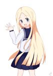  1girl :d abigail_williams_(fate/grand_order) arm_up bangs blonde_hair blue_eyes blue_sailor_collar blue_skirt blush commentary_request cowboy_shot eyebrows_visible_through_hair fate/grand_order fate_(series) forehead from_behind highres kujou_karasuma long_hair looking_at_viewer looking_back open_mouth parted_bangs pleated_skirt sailor_collar signature skirt smile solo very_long_hair white_background 