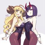  2girls :d :q ahoge anila_(granblue_fantasy) arm_at_side asymmetrical_docking blonde_hair breast_press breasts brown_legwear chan_co choker contrapposto covered_navel cowboy_shot crossover draph eyebrows_visible_through_hair eyeliner fate/grand_order fate_(series) from_side granblue_fantasy hikimayu horns large_breasts leotard long_hair looking_at_viewer makeup multiple_girls open_mouth pantyhose purple_hair short_hair shuten_douji_(fate/grand_order) sidelocks simple_background small_breasts smile tongue tongue_out violet_eyes wrist_cuffs yellow_eyes 