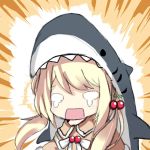  1girl blonde_hair capelet cherry_hair_ornament crying food_themed_hair_ornament girls_frontline hair_ornament hakokon looking_at_viewer military open_mouth ppsh-41_(girls_frontline) shark solo twintails uniform 