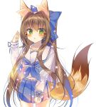  1girl animal_ears arm_up bangs bell blue_bow blue_neckwear blue_skirt blush bow brown_hair eyebrows_visible_through_hair fingernails fox_ears fox_girl fox_tail green_eyes hair_between_eyes hair_bow highres jingle_bell long_hair long_sleeves looking_at_viewer monaka_natsume necktie original pleated_skirt ribbon-trimmed_sleeves ribbon_trim sailor_collar school_uniform serafuku shirt sidelocks simple_background skirt sleeves_past_wrists solo tail very_long_hair white_background white_sailor_collar white_shirt 