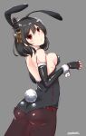  1girl :&lt; absurdres animal_ears artist_name ass black_gloves black_hair black_legwear blush breasts bunny_girl bunny_tail bunnysuit commentary_request detached_collar elbow_gloves fake_animal_ears fingerless_gloves gloves grey_background hair_ornament highres kantai_collection leotard looking_at_viewer looking_back medium_breasts momiji_(103) pantyhose rabbit_ears red_eyes short_hair sideboob solo strapless strapless_leotard tail wrist_cuffs yamashiro_(kantai_collection) 