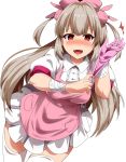  1girl :d apron bandage blush brown_hair bunny_hair_ornament commentary_request fang frilled_apron frills gloves hair_ornament hat highres looking_at_viewer natori_sana nurse_cap open_mouth pink_apron pink_hat puffy_short_sleeves puffy_sleeves putting_on_gloves red_eyes rubber_gloves sana_channel short_sleeves sidelocks smile solo thigh-highs two_side_up umakatsuhai virtual_youtuber white_legwear zettai_ryouiki 