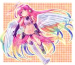  1girl :o angel_wings commentary_request crop_top cross feathered_wings gloves halo highres jibril_(no_game_no_life) long_hair low_wings magic_circle midriff mismatched_legwear multicolored_hair navel no_game_no_life open_mouth pink_hair shoes single_shoe solo stomach symbol-shaped_pupils tattoo very_long_hair white_wings wing_ears wings yellow_eyes younger yuiti43 