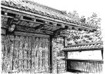  architecture commentary_request east_asian_architecture gate greyscale hariken monochrome no_humans original outdoors scenery sky traditional_media tree 