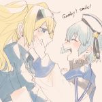  2girls blonde_hair blue_hair blue_shirt blush closed_eyes crying crying_with_eyes_open dress eyebrows_visible_through_hair gambier_bay_(kantai_collection) hair_between_eyes hand_on_another&#039;s_head hat headband itomugi-kun kantai_collection long_hair long_sleeves looking_at_another lowres medium_hair multiple_girls open_mouth sailor_collar sailor_dress sailor_hat samuel_b._roberts_(kantai_collection) school_uniform serafuku shirt short_sleeves simple_background tears twintails 