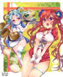  2girls bangs bare_shoulders bemani blue_hair blush braid breasts china_dress chinese_clothes double_bun dress dress_tug flower food gloves hair_between_eyes hair_flower hair_ornament highres hinabita long_hair looking_at_another medium_breasts microdress multiple_girls noodles nose_blush open_mouth parted_bangs puffy_short_sleeves puffy_sleeves ramen red_eyes redhead shinonome_kokona shinonome_natsuhi short_sleeves siblings sisters sound_voltex standing standing_on_one_leg steam taiban_steak thigh-highs thigh_strap tray twins twintails very_long_hair violet_eyes wet white_gloves white_legwear 
