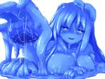  1girl :d blue_eyes blue_hair blue_sclera blue_skin blush breasts commentary_request extra_arms eyebrows_visible_through_hair goo_girl large_breasts looking_at_viewer monster_girl open_mouth original rethnick simple_background smile solo wet white_background 