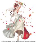  1girl armpits breasts brown_hair closed_mouth commentary_request dress elbow_gloves fan flower folding_fan full_body gloves hair_flower hair_ornament high_heels lack large_breasts long_hair looking_at_viewer official_art red_flower red_rose rose saionji_reimi simple_background smile solo standing star_ocean watermark wedding_dress white_background white_dress white_flower white_footwear white_gloves white_rose 